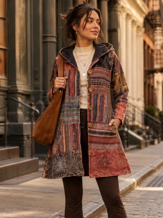 Rhea Jackets & Blazers - 888. Boho Patchwork Hooded Coat - Rust Multi